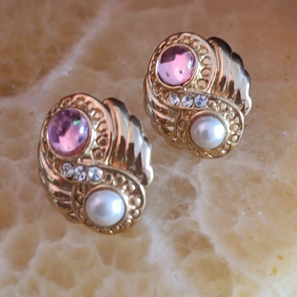 Gold Tone Faux Stone Pearl Post Earrings - Picture 2 of 7